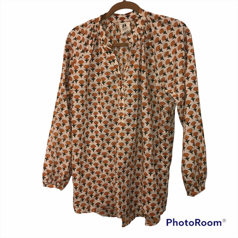 Anthropologie AISH AS NEW goldenrod Indian block Print flower tunic top L